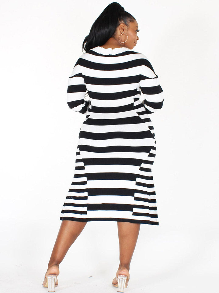 PLUS SIZE LONG SLEEVE BODYCON STRIPES MIDI DRESS