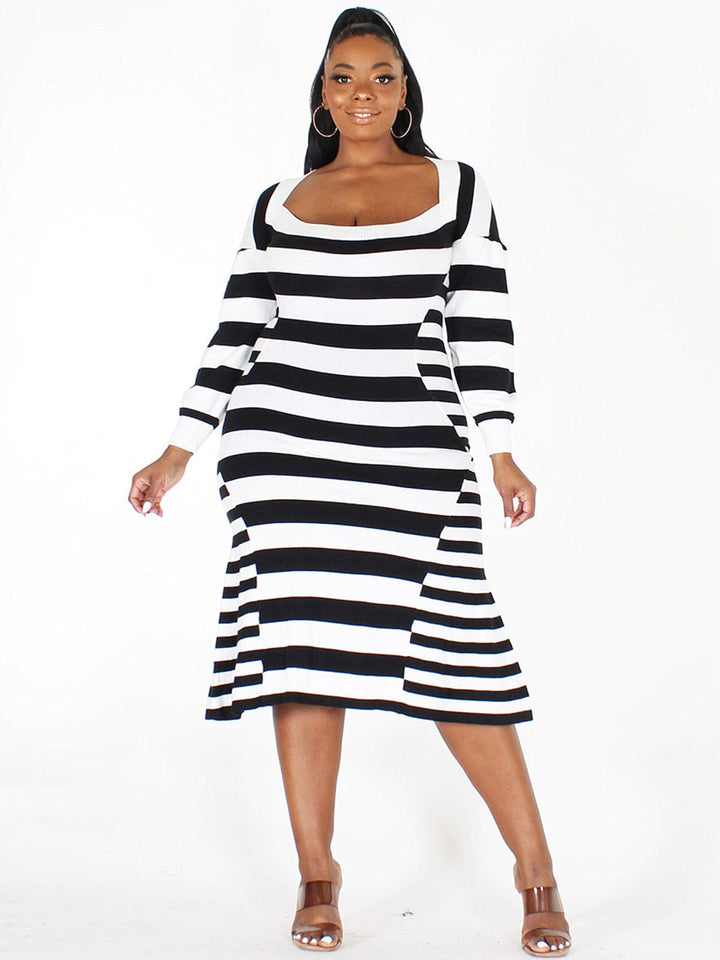PLUS SIZE LONG SLEEVE BODYCON STRIPES MIDI DRESS