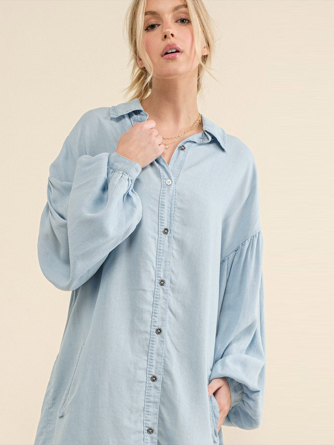 WOMEN'S LONG BALLOON SLEEVE BUTTON UP FRONT POCKETS CHAMBRAY MIDI DRESS