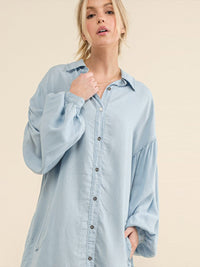 WOMEN'S LONG BALLOON SLEEVE BUTTON UP FRONT POCKETS CHAMBRAY MIDI DRESS
