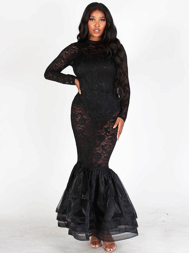 WOMEN'S LONG SLEEVES ALL OVER LACE MAXI DRESS