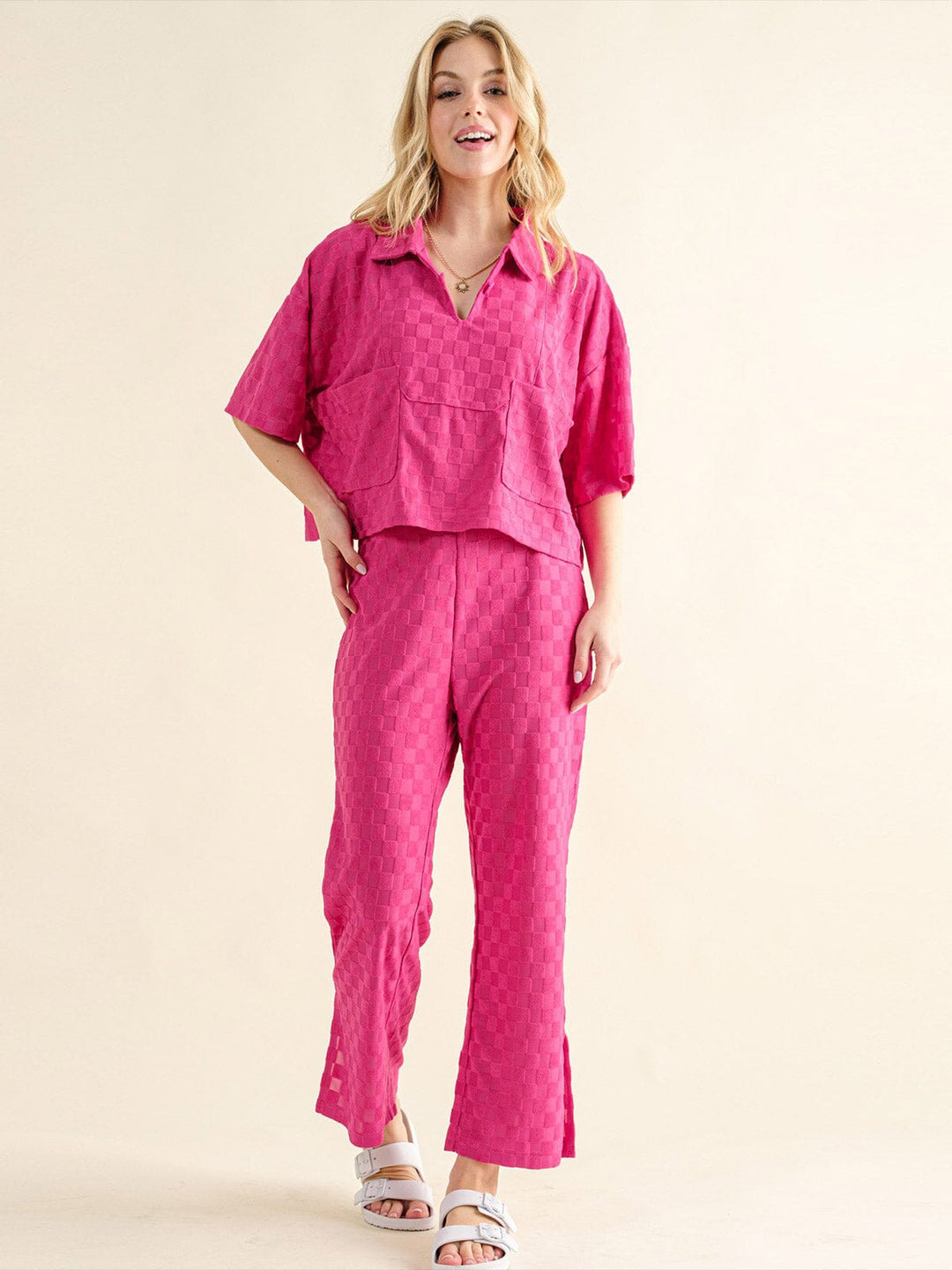 WOMEN'S SHORT SLEEVE BLOUSE & ELASTIC WAIST WIDE LEG PANTS CHEKERS 2PC. SET