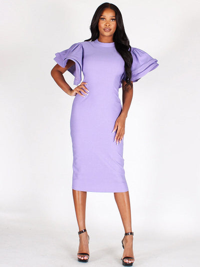 WOMEN'S SHORT RUFFLE SLEEVE BODYCON MIDI DRESS