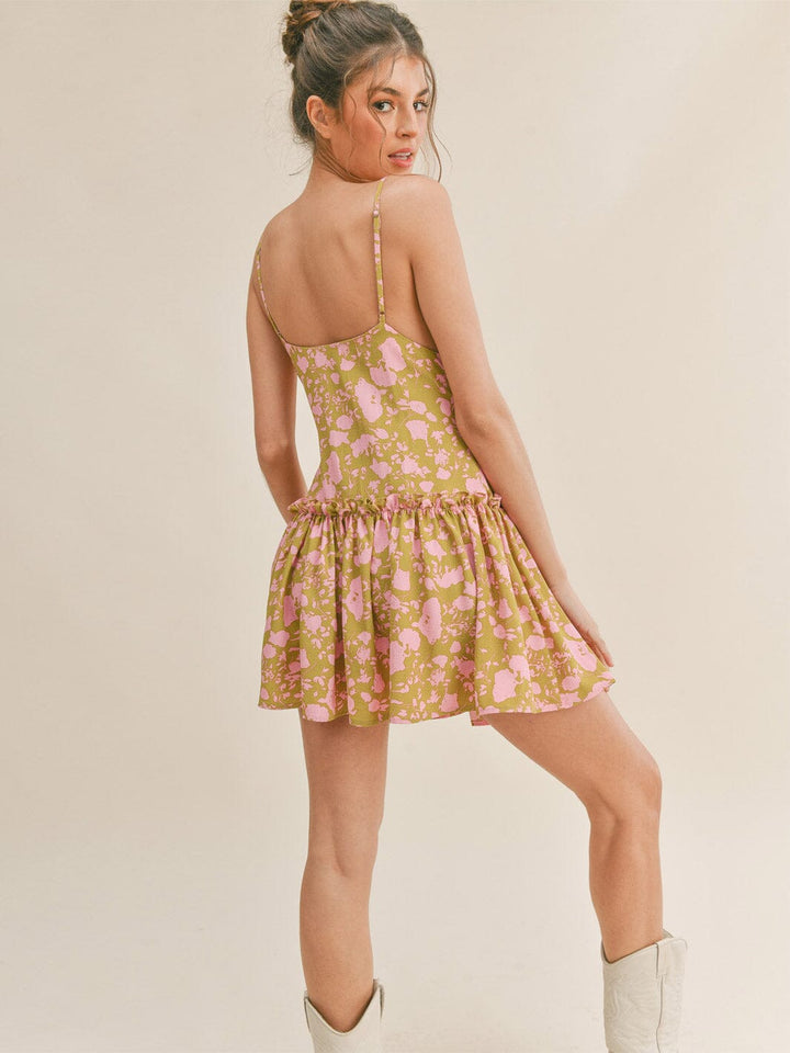 WOMEN'S SLEEVELESS V-NECK RUFFLE FLORAL MINI DRESS