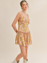 WOMEN'S SLEEVELESS V-NECK RUFFLE FLORAL MINI DRESS