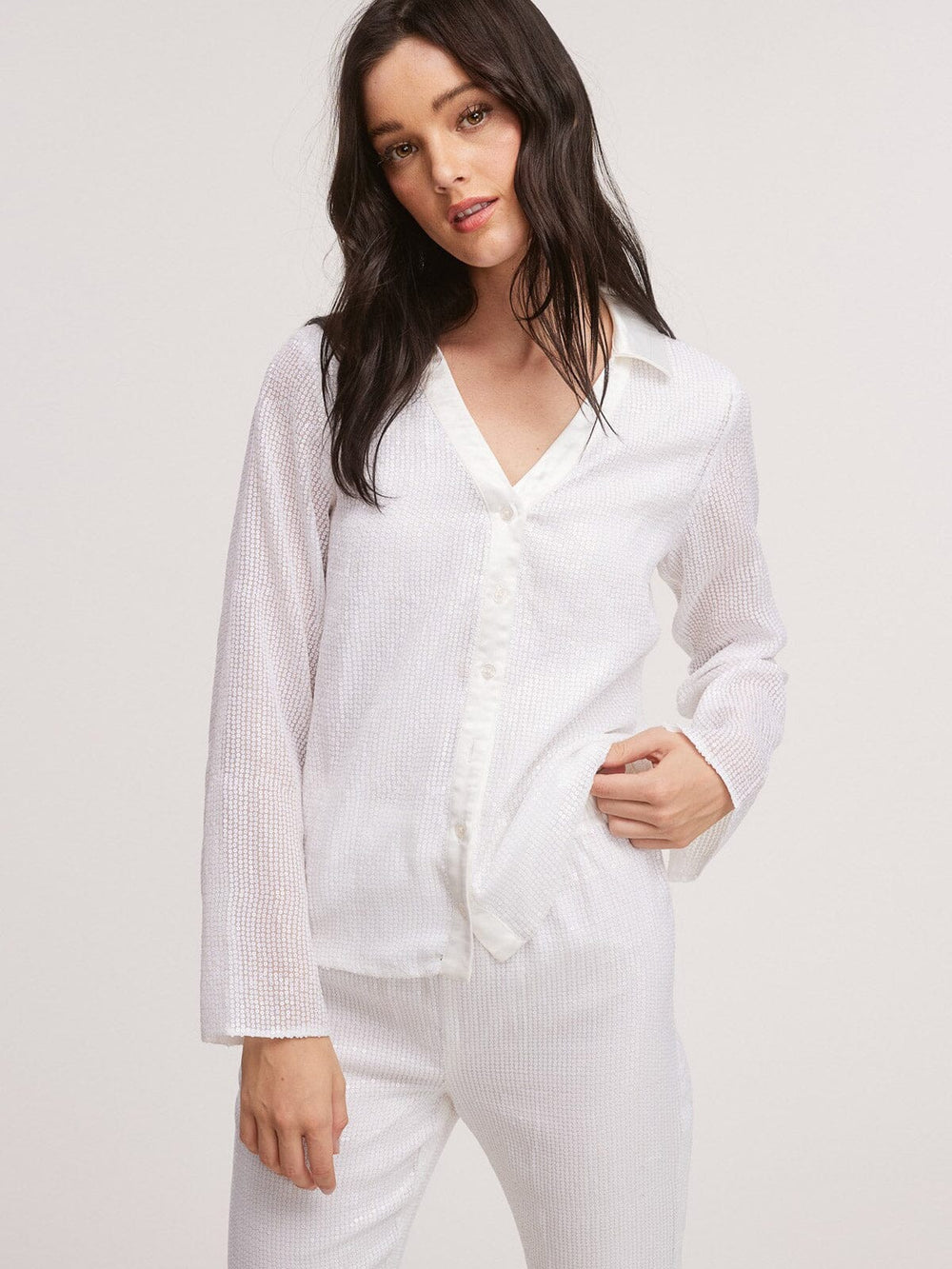 WOMENS LONG SLEEVE BUTTON UP SEQUINS BLOUSE TOP