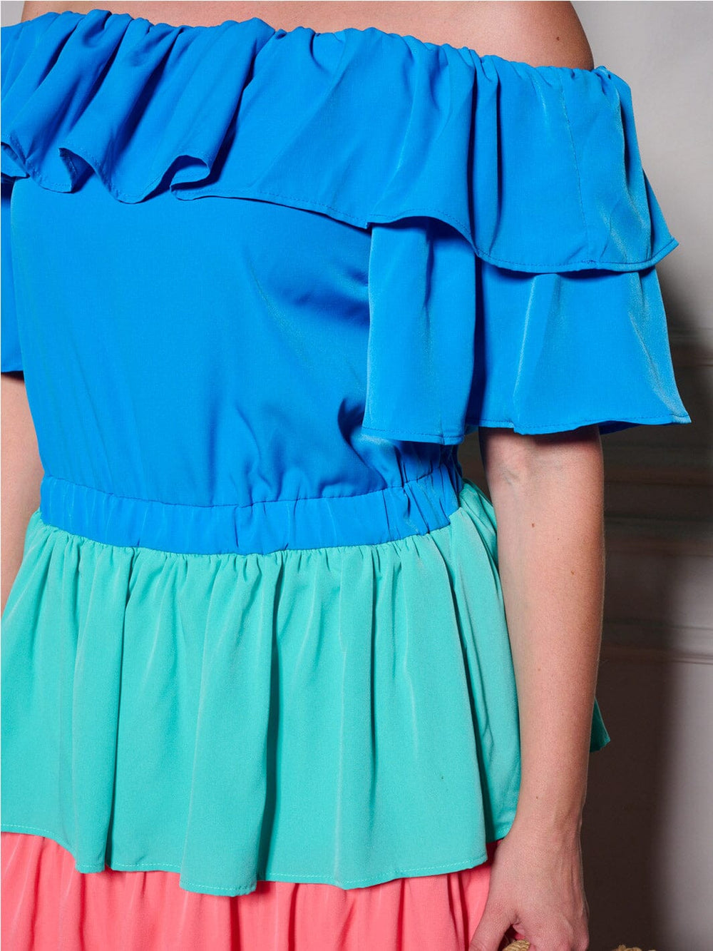 PLUS SIZE OFF SHOULDER RUFFLE TIERED COLORBLOCK MAXI DRESS