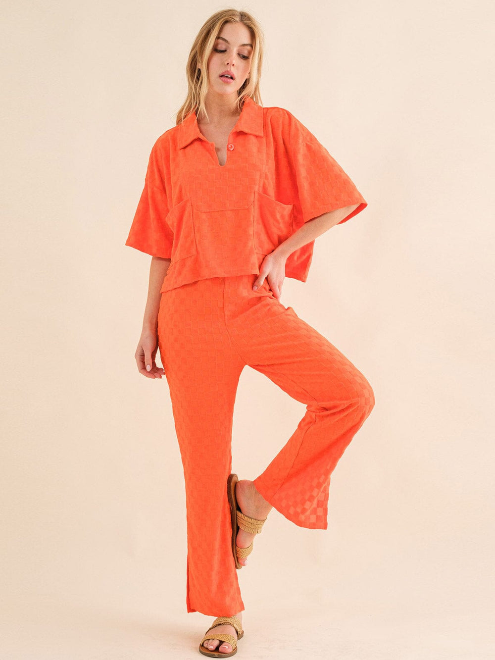 WOMEN'S SHORT SLEEVE BLOUSE & ELASTIC WAIST WIDE LEG PANTS CHEKERS 2PC. SET