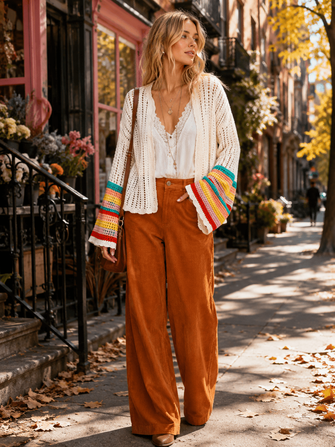 WOMEN'S LONG BELL SLEEVE OPEN FRONT COLORBLOCK STRIPES CROCHET CARDIGAN