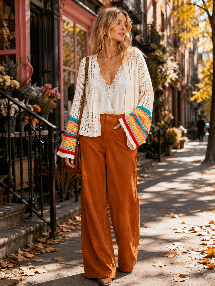 WOMEN'S LONG BELL SLEEVE OPEN FRONT COLORBLOCK STRIPES CROCHET CARDIGAN