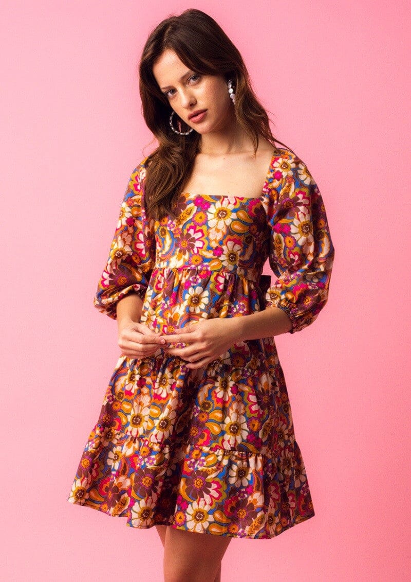 WOMEN'S SHORT SLEEVE SQUARE NECK SMOCK FLORAL MINI DRESS