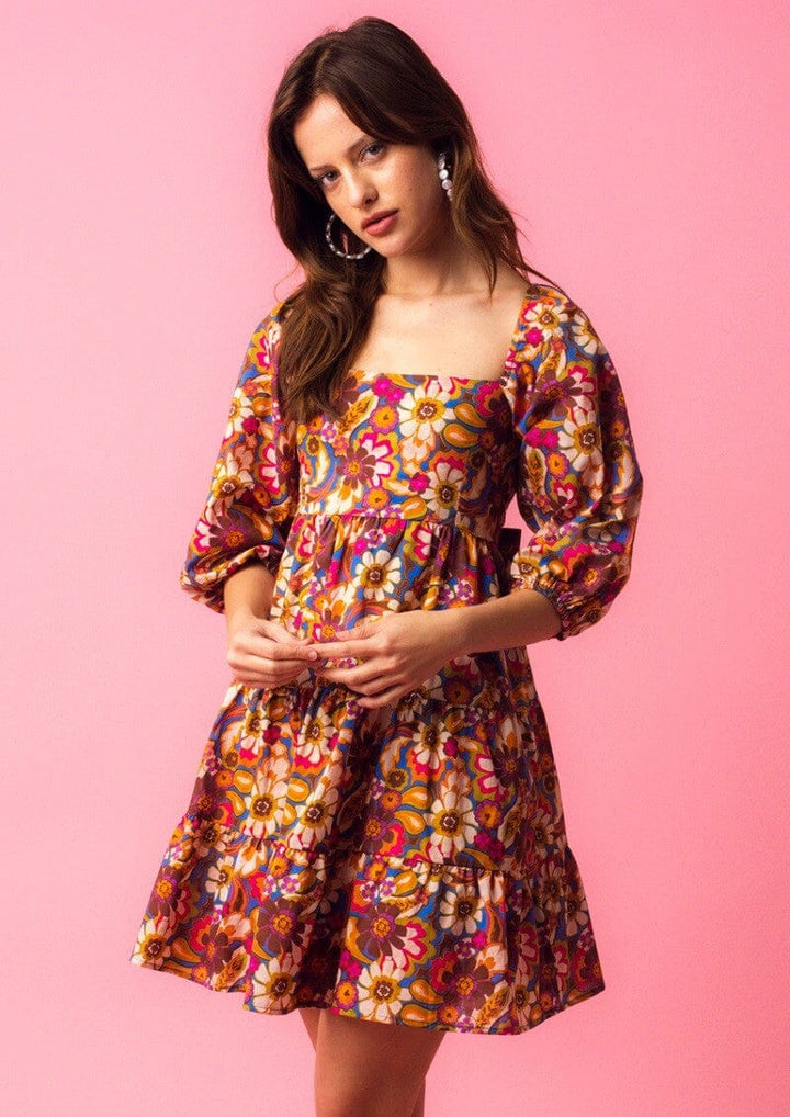 WOMEN'S SHORT SLEEVE SQUARE NECK SMOCK FLORAL MINI DRESS