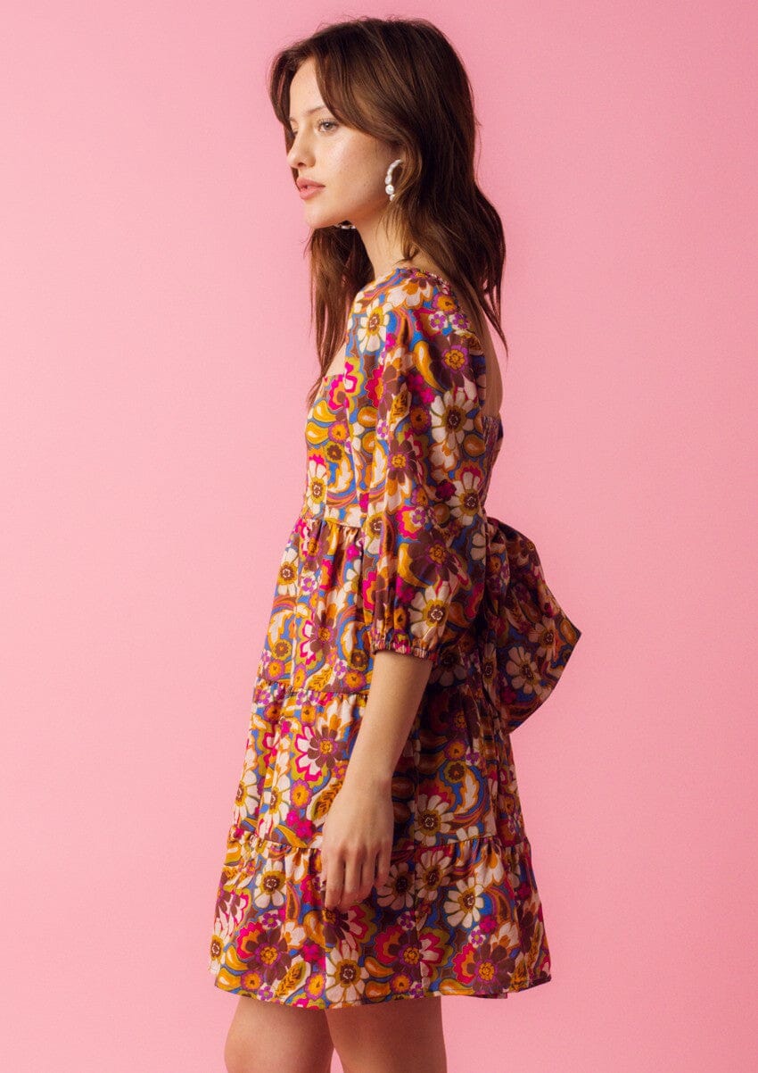 WOMEN'S SHORT SLEEVE SQUARE NECK SMOCK FLORAL MINI DRESS