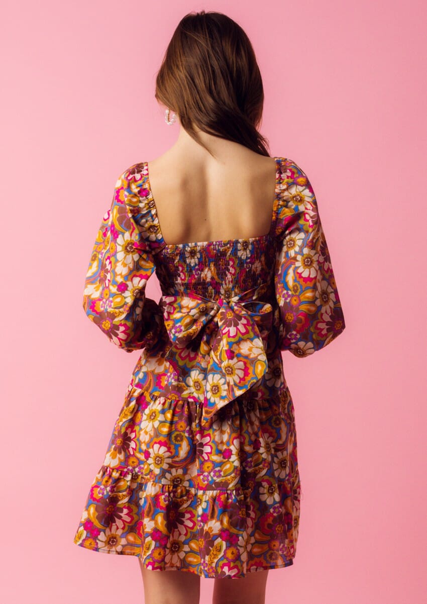 WOMEN'S SHORT SLEEVE SQUARE NECK SMOCK FLORAL MINI DRESS