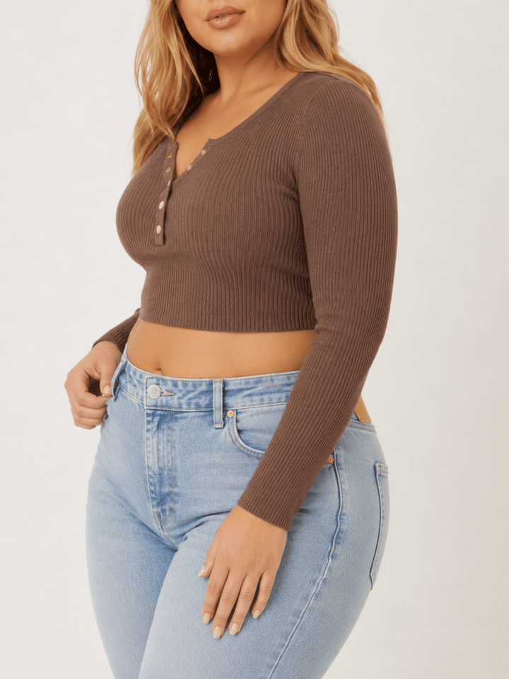 PLUS SIZE LONG SLEEVE BUTTON CLOSURE RIBBED CROP TOP