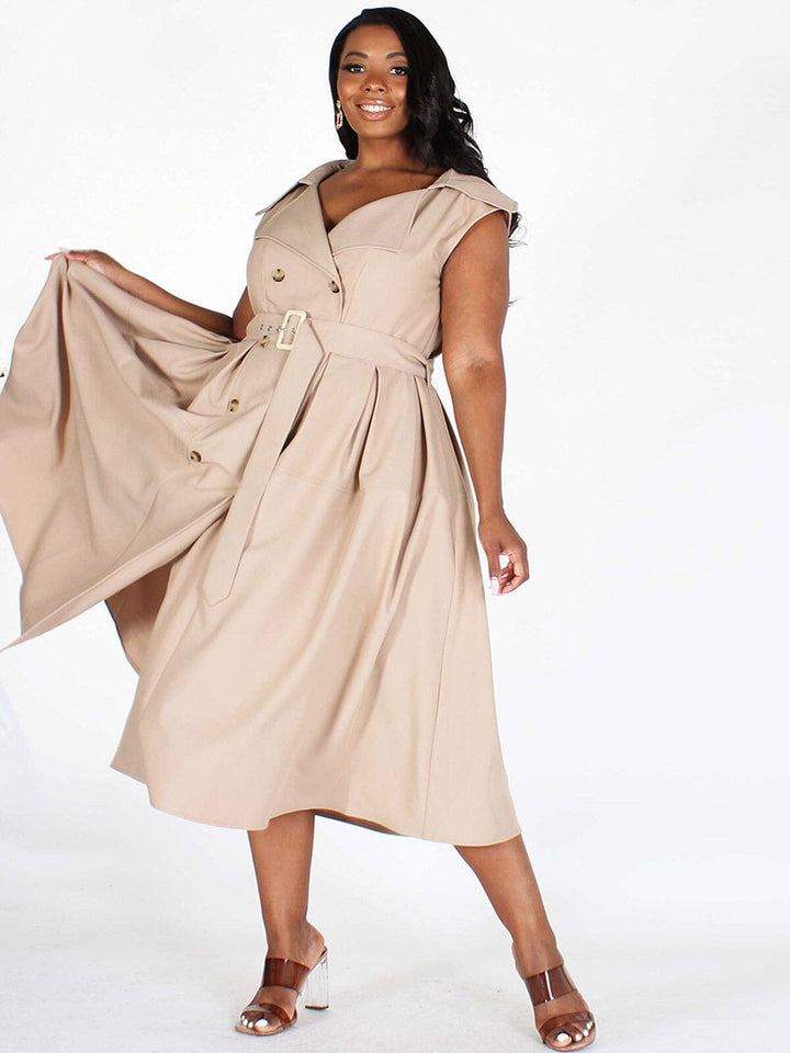 PLUS SIZE SLEEVELESS BUTTON CLOSURE POCKETS BELTED MIDI DRESS