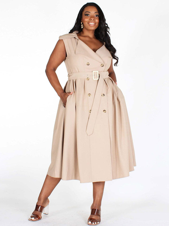 PLUS SIZE SLEEVELESS BUTTON CLOSURE POCKETS BELTED MIDI DRESS
