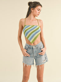 WOMEN'S SLEEVELESS OPEN BACK COLORBLOCK KNIT CROP TOP