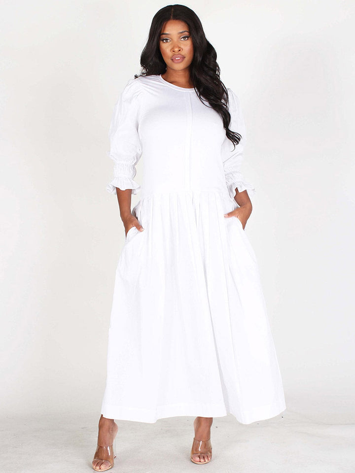 WOMEN'S 3/4 SLEEVES POCKETS SOLID TIERED MAXI DRESS