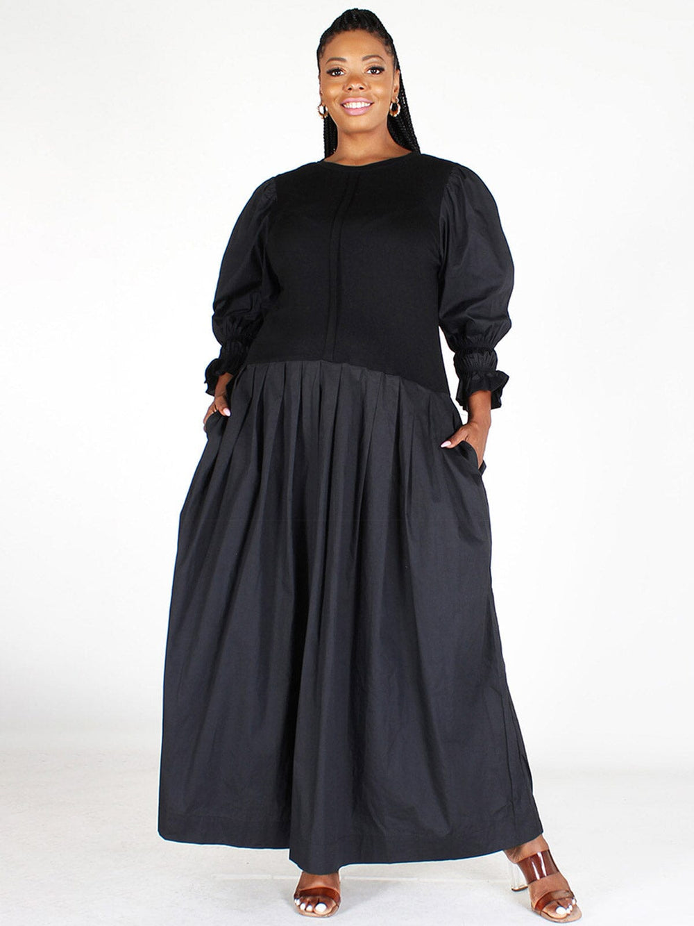 PLUS SIZE 3/4 SLEEVES POCKETS SOLID MAXI DRESS