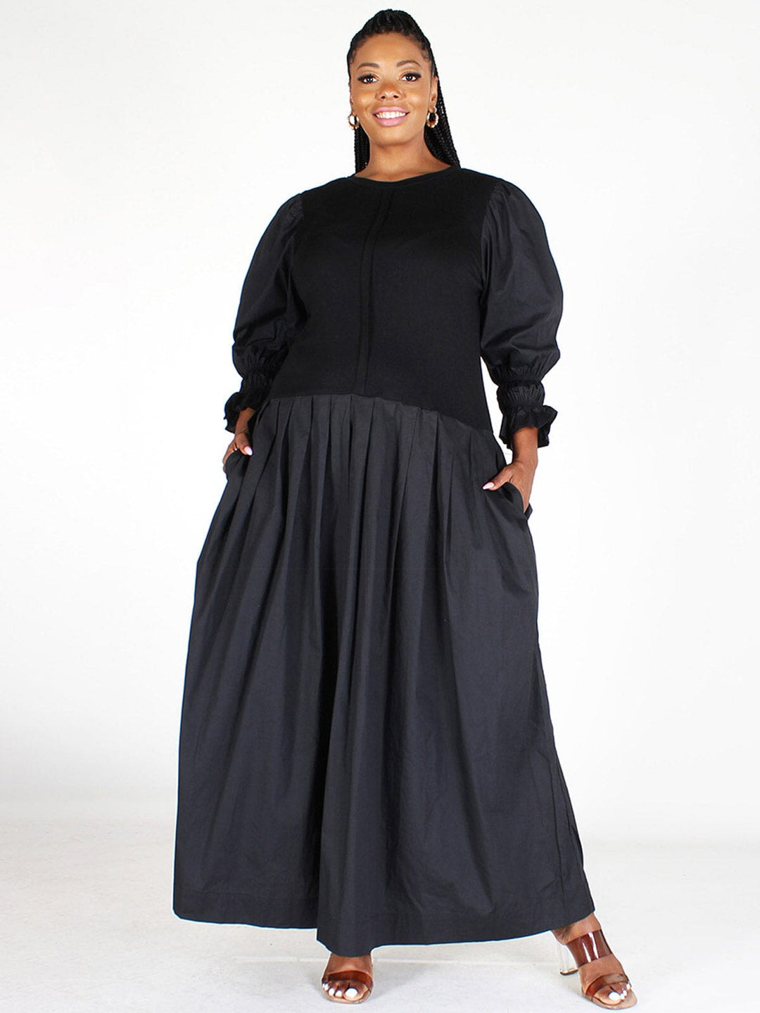 PLUS SIZE 3/4 SLEEVES POCKETS SOLID MAXI DRESS