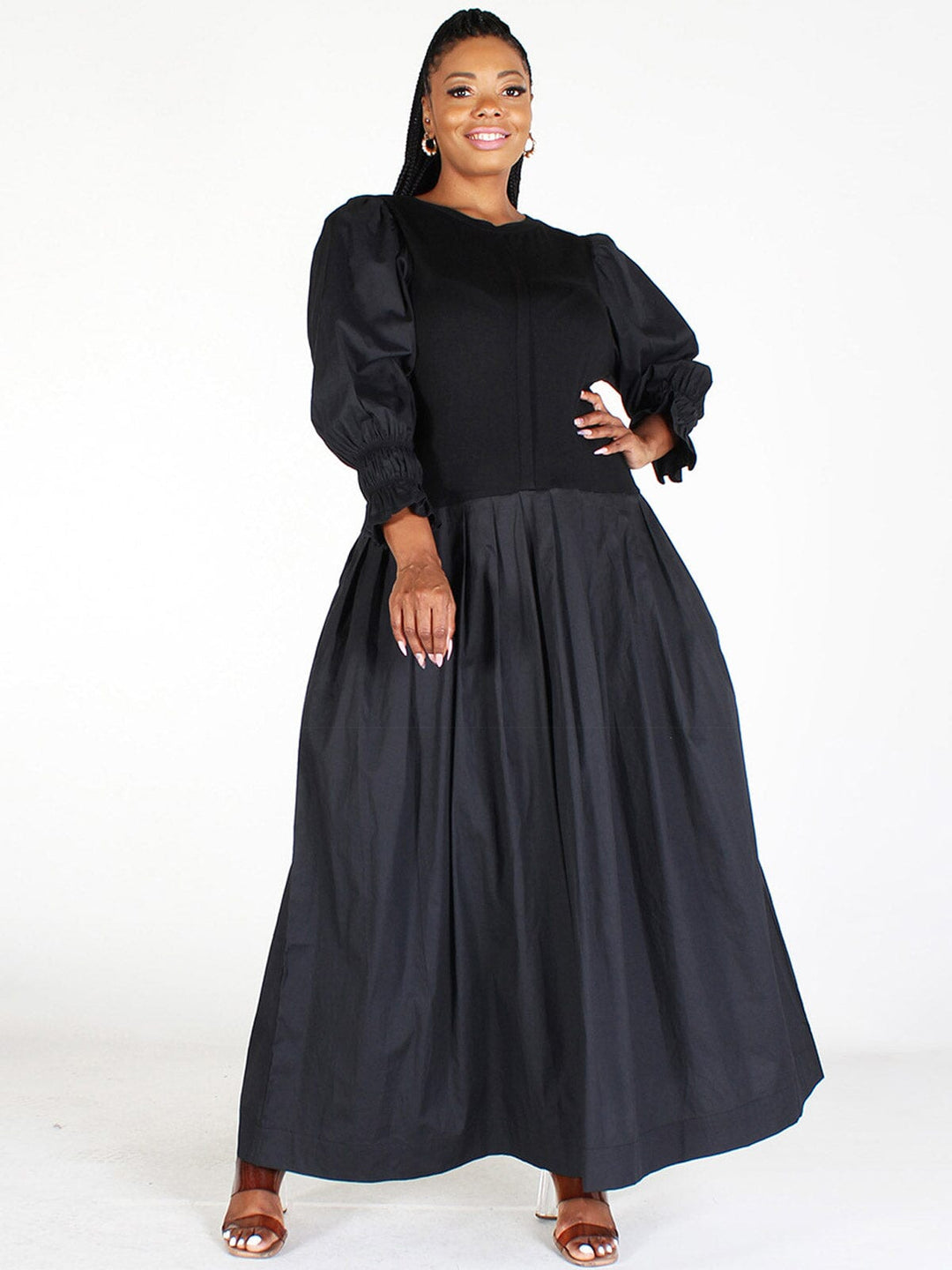 PLUS SIZE 3/4 SLEEVES POCKETS SOLID MAXI DRESS