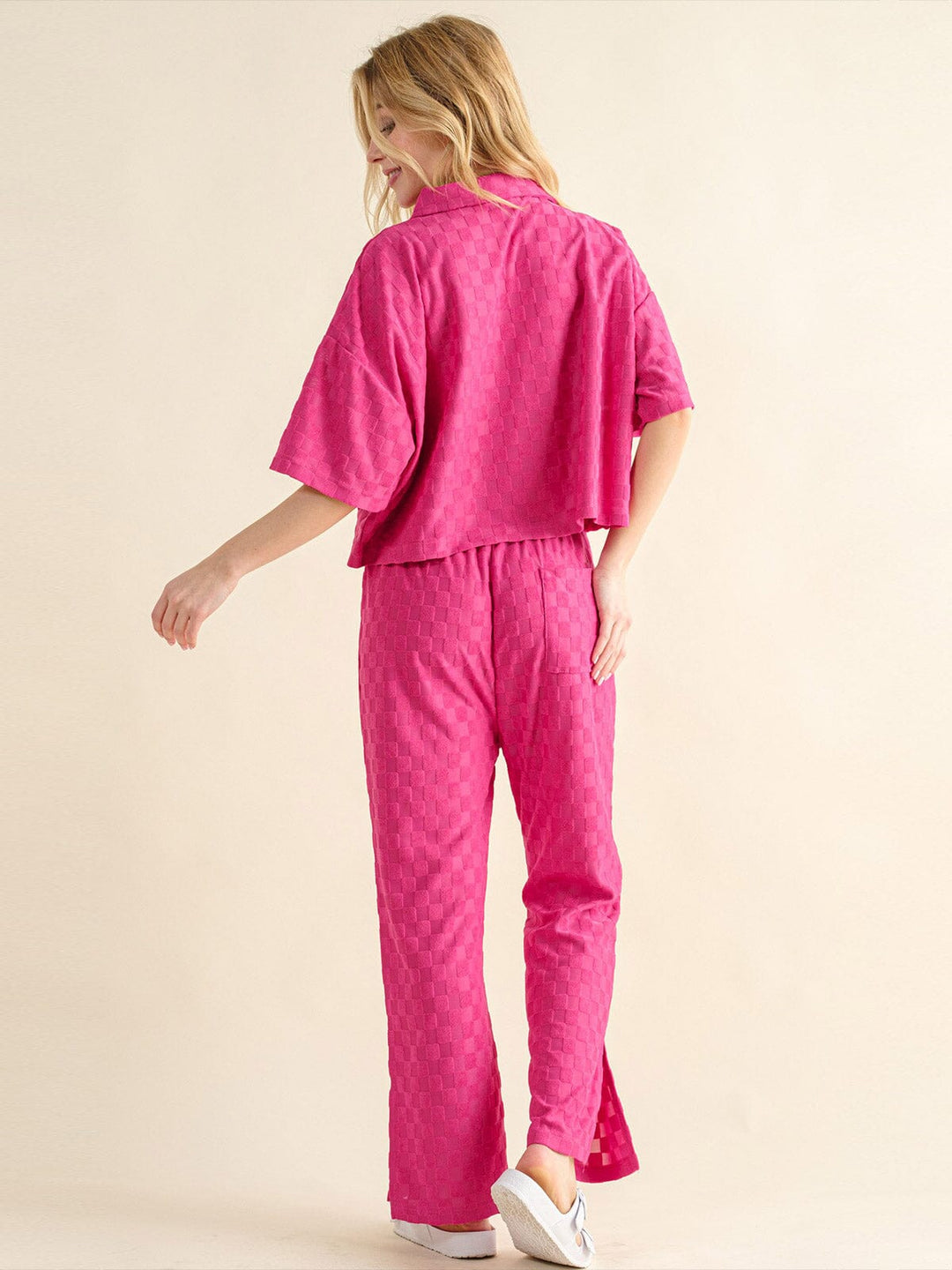 WOMEN'S SHORT SLEEVE BLOUSE & ELASTIC WAIST WIDE LEG PANTS CHEKERS 2PC. SET