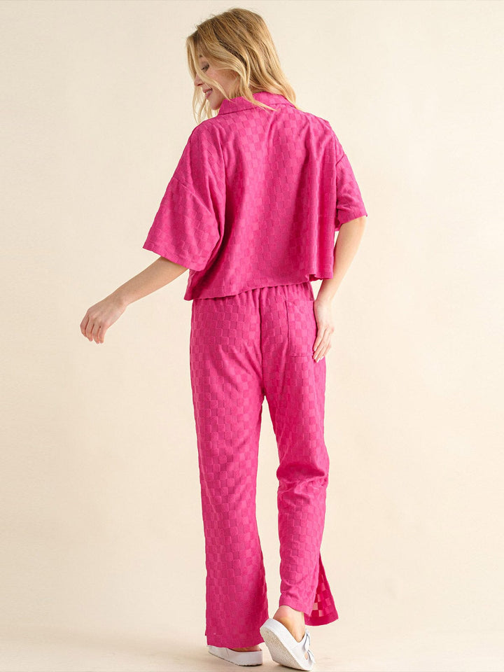 WOMEN'S SHORT SLEEVE BLOUSE & ELASTIC WAIST WIDE LEG PANTS CHEKERS 2PC. SET