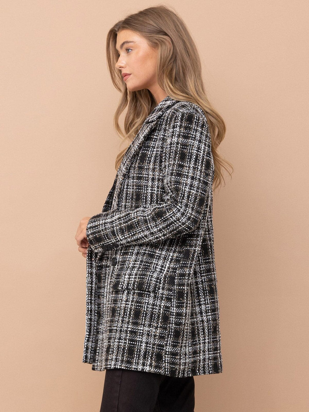WOMEN'S LONG SLEEVE BUTTON CLOSURE POCKETS PLAID BLAZER