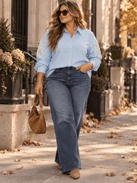 PLUS SIZE LONG SLEEVE BUTTON UP EMBROIDERY DETAILED BLOUSE
