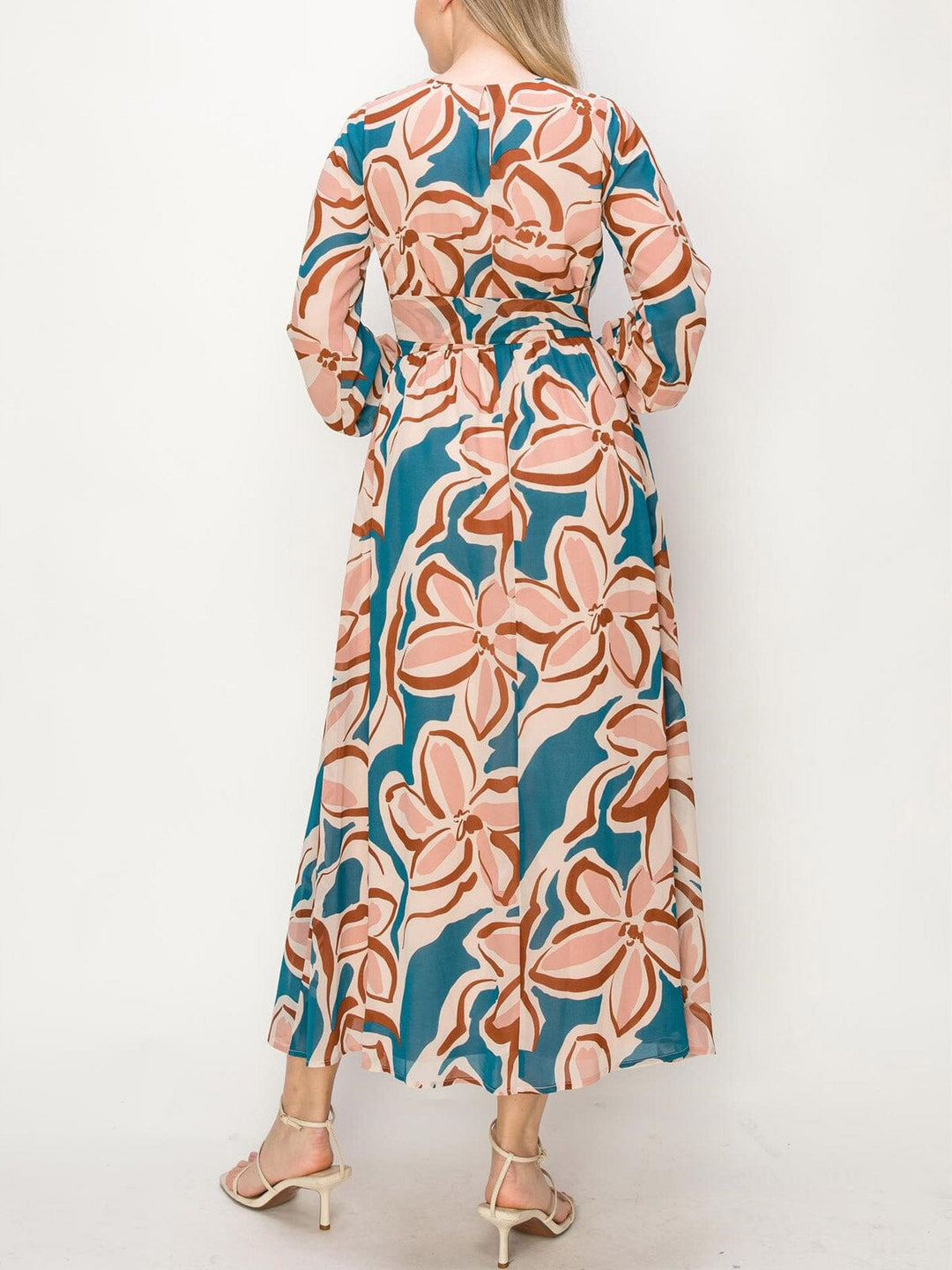 WOMEN'S LONG SLEEVE MULTI PRINT SURPLICE MAXI DRESS
