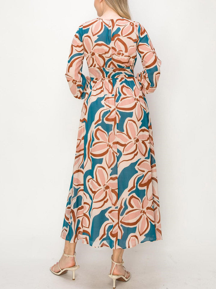 WOMEN'S LONG SLEEVE MULTI PRINT SURPLICE MAXI DRESS
