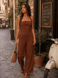 WOMEN'S SLEEVELESS SMOCK BACK HALTER SQUARE NECK STRAIGHT LEG JUMPSUIT