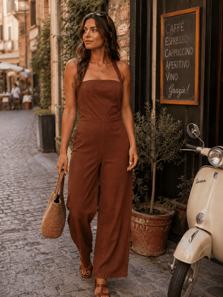 WOMEN'S SLEEVELESS SMOCK BACK HALTER SQUARE NECK STRAIGHT LEG JUMPSUIT