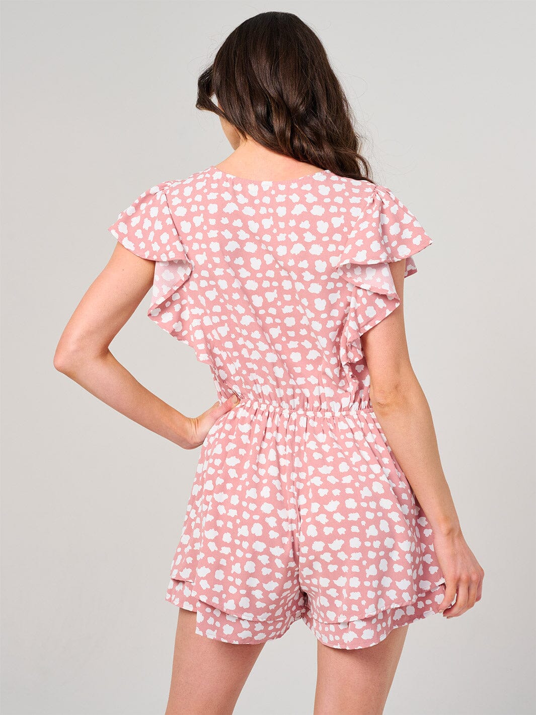 WOMEN'S SHORT SLEEVE V-NECK FRONT POCKETS BUTTON UP RUFFLE ROMPER