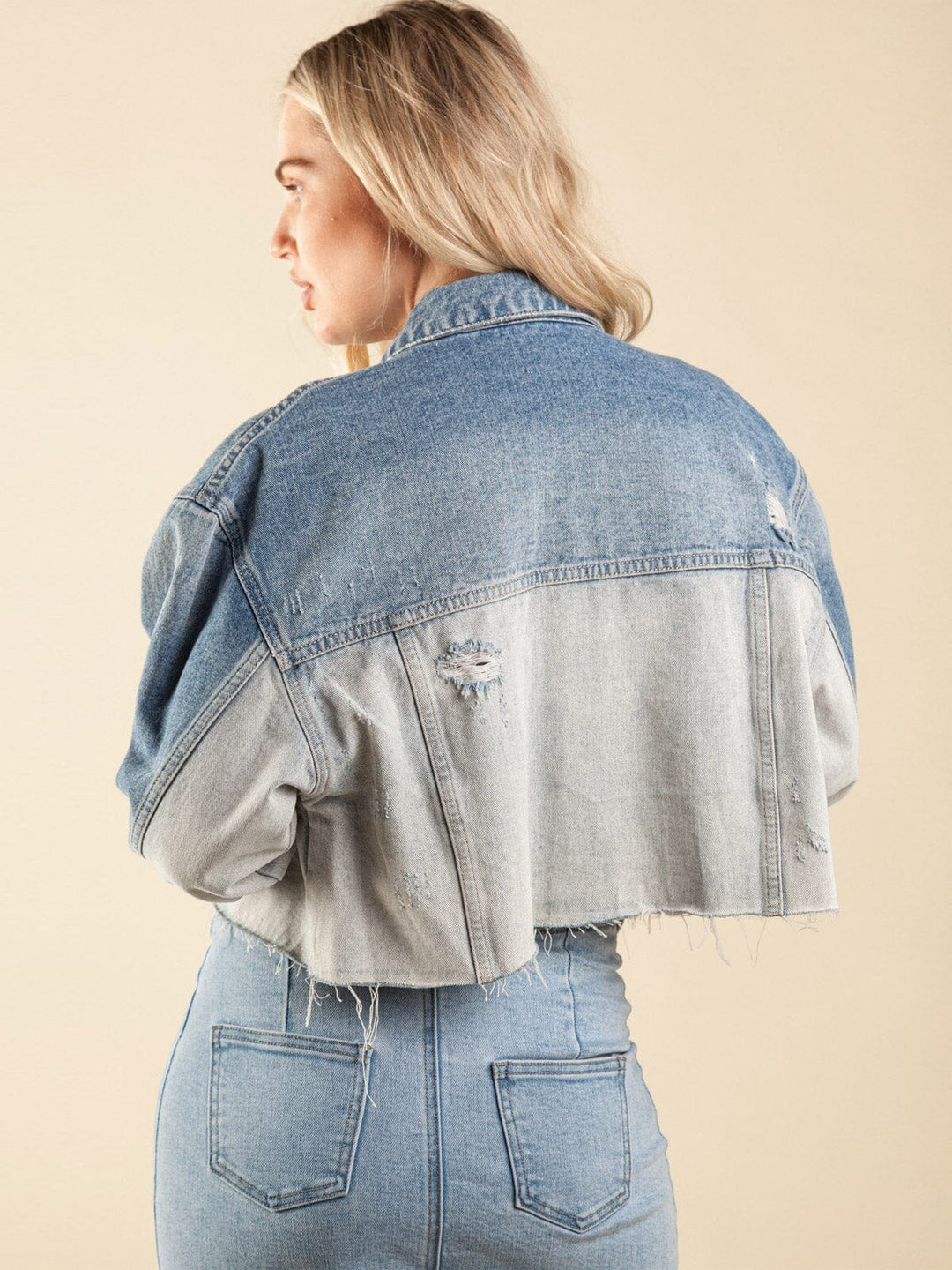 WOMEN'S LONG SLEEVES POCKETS BUTTON UP COLORBLOCK DENIM JACKET