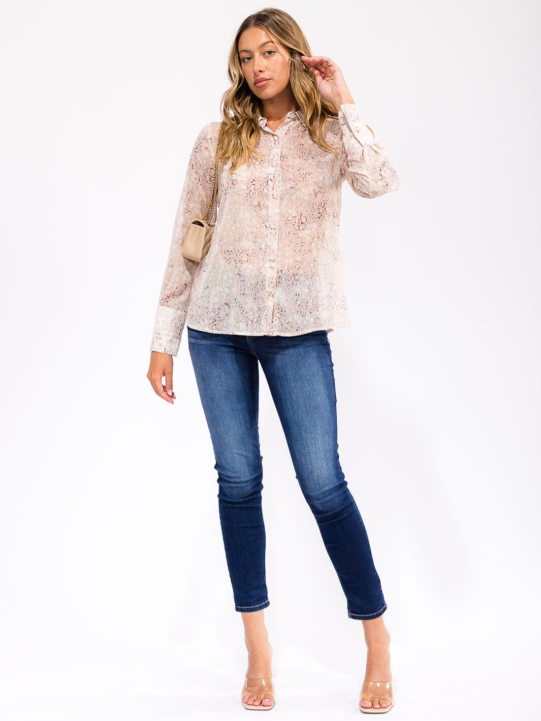 WOMEN'S LONG SLEEVE BUTTON UP ANIMAL PRINT BLOUSE