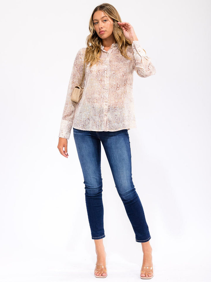 WOMEN'S LONG SLEEVE BUTTON UP ANIMAL PRINT BLOUSE