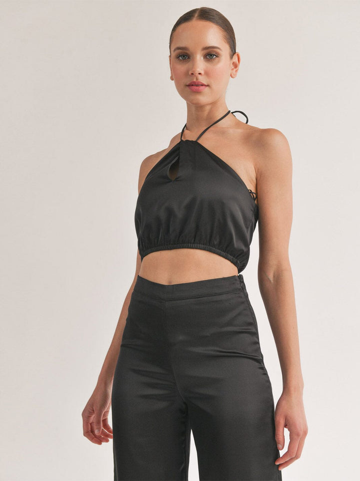 WOMEN'S SLEEVELESS CROP TOP & WIDE LEG PANTS SATIN 2PC SETS