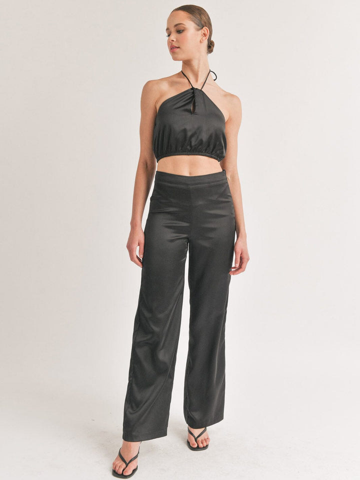 WOMEN'S SLEEVELESS CROP TOP & WIDE LEG PANTS SATIN 2PC SETS