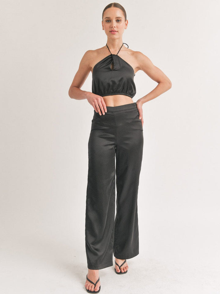 WOMEN'S SLEEVELESS CROP TOP & WIDE LEG PANTS SATIN 2PC SETS