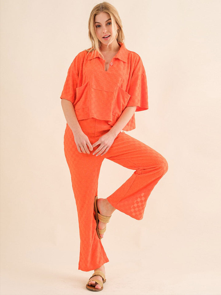 WOMEN'S SHORT SLEEVE BLOUSE & ELASTIC WAIST WIDE LEG PANTS CHEKERS 2PC. SET