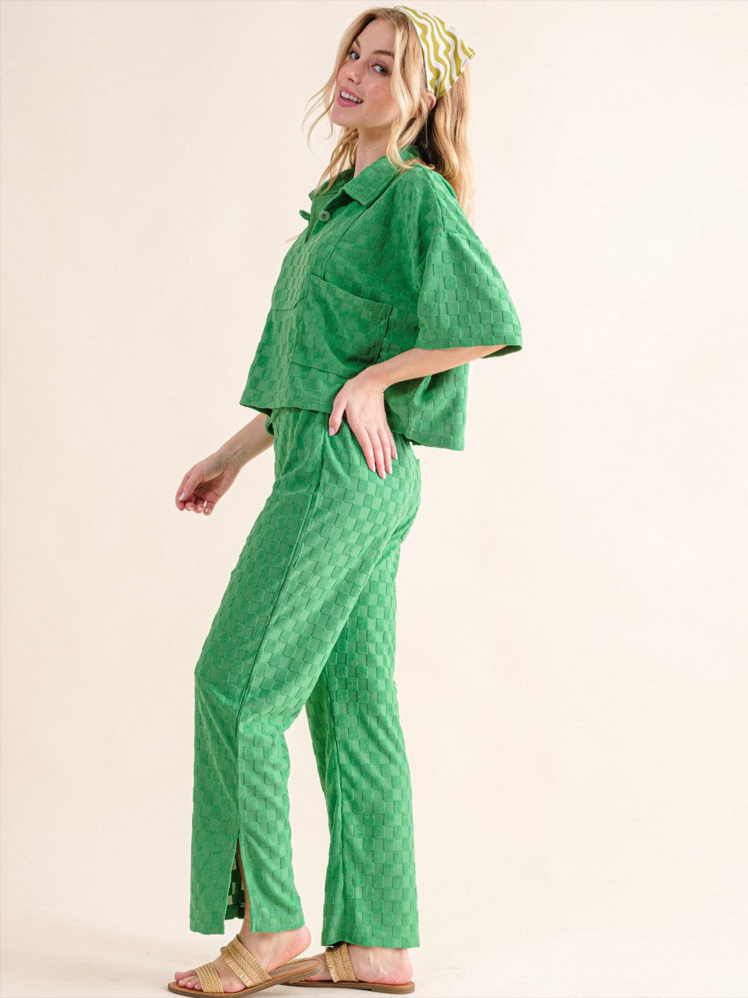 WOMEN'S SHORT SLEEVE BLOUSE & ELASTIC WAIST WIDE LEG PANTS CHEKERS 2PC. SET