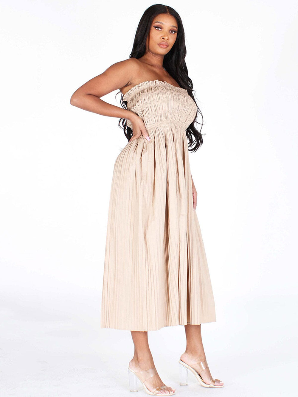 WOMEN'S SLEEVELESS SMOCK FIT & FLARE MIDI DRESS