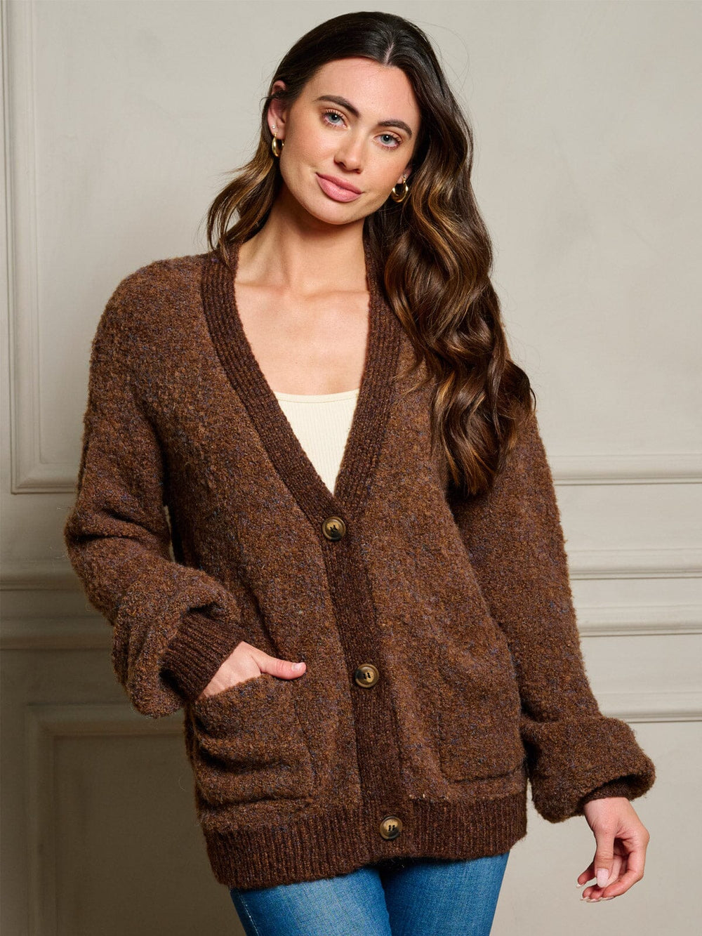 WOMEN'S LONG SLEEVE BUTTON CLOSURE POCKETS CARDIGAN