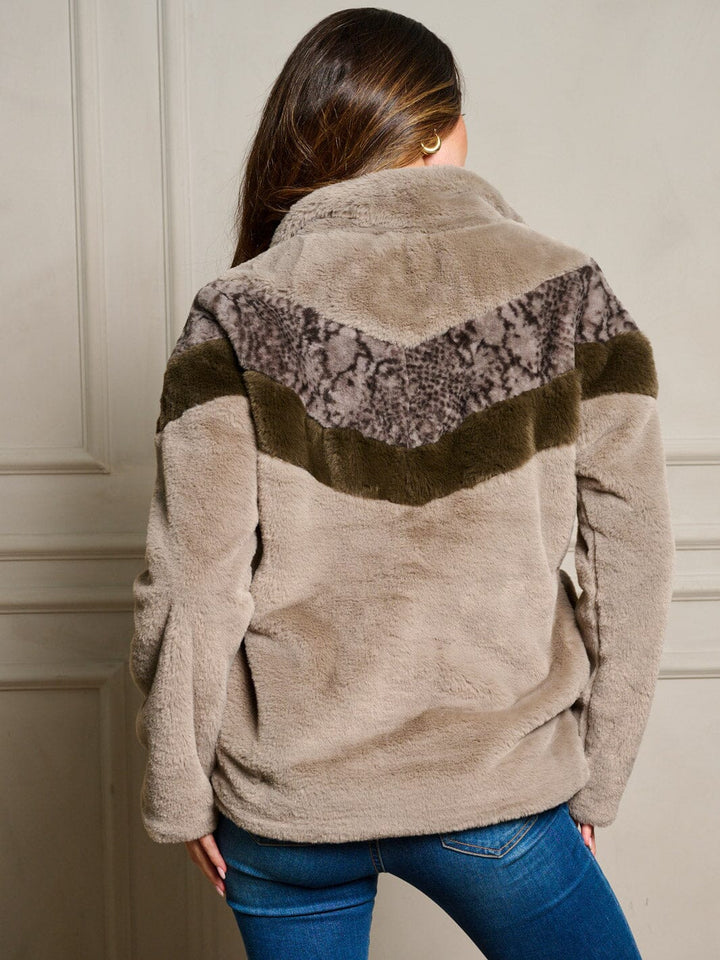 WOMEN'S LONG SLEEVE POCKETS ZIP UP CHEVRON PRINT PULLOVER SWEATER