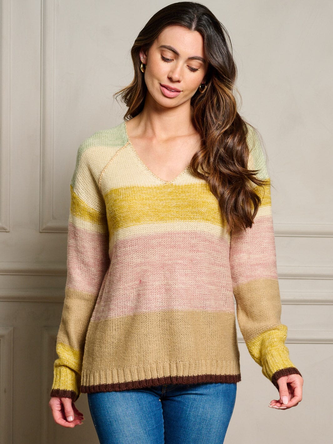 WOMEN'S LONG SLEEVE V-NECK COLORBLOCK STRIPES PULLOVER SWEATER