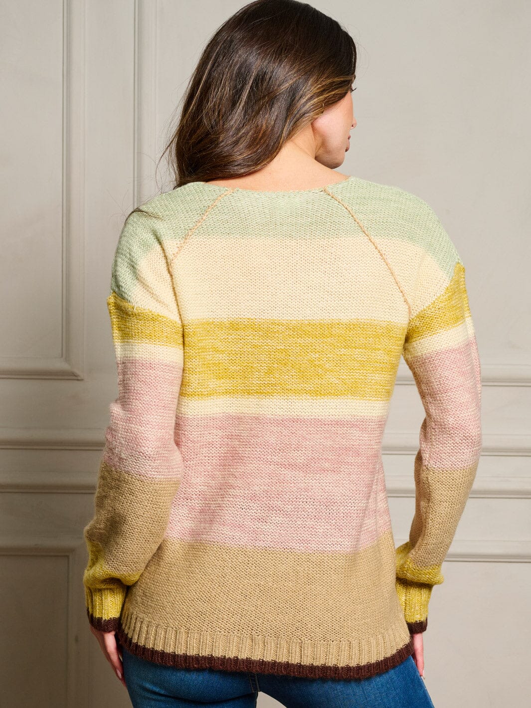 WOMEN'S LONG SLEEVE V-NECK COLORBLOCK STRIPES PULLOVER SWEATER