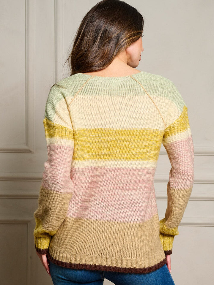 WOMEN'S LONG SLEEVE V-NECK COLORBLOCK STRIPES PULLOVER SWEATER