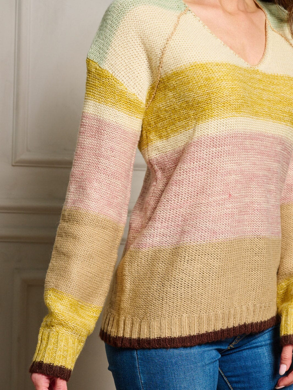 WOMEN'S LONG SLEEVE V-NECK COLORBLOCK STRIPES PULLOVER SWEATER